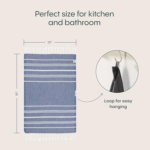 WETCAT Turkish Hand Towels with Hanging Loop, Set of 2 (20" x 30") 100% Turkish Cotton, Pre-Washed, Quick Drying, for Kitchen or Bathroom - Navy Blue - color: Navy Blue