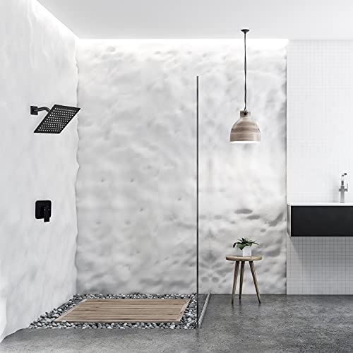 Black Shower Faucet GGStudy Single Function Shower Trim Kit with Rough-in Valve Shower Set Bath Rainfall Shower Faucet System 8inch Square Stainless Steel Metal Shower Head - color: Black, style: Square