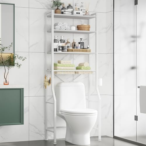 DUMOS Over-The-Toilet Storage Rack, 4-Tier Bathroom Organizer with Basket | Freestanding Above Toilet Storage Cabinet with Adjustable Shelf, Space Saver Bathroom Cabinet with 3 Hooks for Rooms, White - color: Modern White