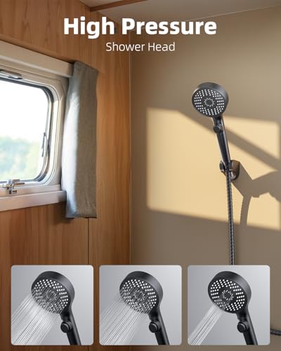 RV Shower Head with Stainless Steel Hose, 5 Mode High Pressure Shower Head with Handheld On Off Switch, Camper Shower Head Replacement for RV, Travel Trailer, Motorhome, RV Accessories Part, Black - color: Black