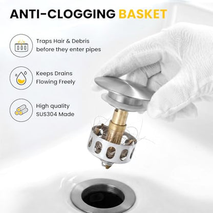 Pop up Bathroom Sink Drain with Overflow, Removable Stainless Steel Hair Catcher, Fits 1.5-1.75", Brushed Nickel Stainless Steel Bathroom Sink Stopper for Vanity Vessel Sink Drain Stopper - color: Brushed Nickel, style: Big Popup Cap
