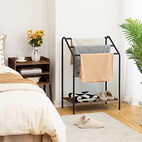 HOOBRO Freestanding Towel-Rack for Bathroom, 3 Tier Blanket Rack for Living Room, 23.6" L x 14.2" W x 33.9" H, Quilt Blanket Ladder Holder, Drying and Display Rack, Rustic Brown and Black BF63LB01 - size: 23.6"L x 14.2"W x 33.9"H
