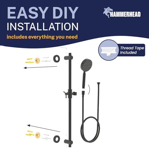 HammerHead Showers® Solid Metal 27.5 Inch Shower Slide Bar Set and Handheld Shower Head with Hose — MATTE BLACK — 2.5 GPM High Pressure Spray Wand — Easily Adjust Height & Angle of Handshower - color: Matte Black, size: 2.5 GPM