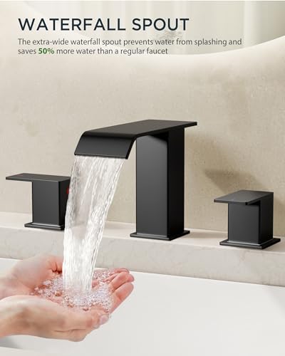 FORIOUS Bathroom Faucet 3 Hole 8 Inch Widespread Sink 2 Pack Matte Black | 3-hole 4-12 Inch Widespread Sink, Square Waterfall Spout, with Drain and Hoses,for Vanity Rv Commercial Lavatory Restroom - color: Matte Black x2PCS