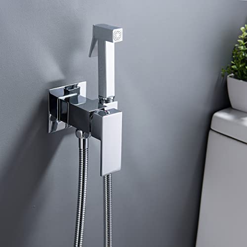 Handheld Bidet Sprayer Head Hot and Cold Mixing Kit Set Chrome Brass | Warm Water Value Mixer, Modern Square Design, Concealed Bidet Hand Held Sprayer Shattaf Bathroom Attachment For Toilet - color: Chrome