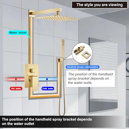 Midanya Shower Faucet Set with Handheld Sprayer,12 Inch,Brushed Gold | Rough-in Shower Valve and Trim Kit Included,Square Rain Head,Wall Mount Shower System,All Metal,Bathroom - color: Gold, size: 12 Inch