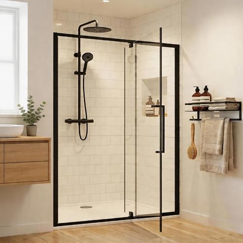 44-48" W x 72" H Pivot Shower Doors, Semi-Frameless Swing Glass Shower Doors Water Repellent, with 1/4" (6mm) Clear SGCC Tempered Glass, Reversible Installation, Matte Black Finish | 1/4" (6mm) Clear SGCC Tempered Glass with a 24.8" walk-in opening, Matte
