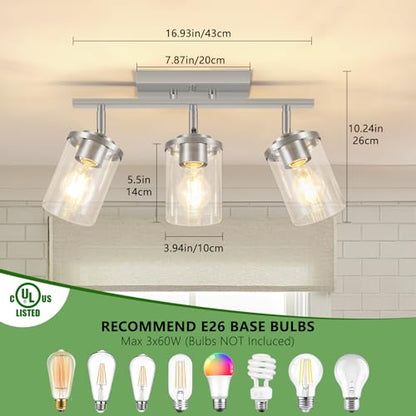 FadimiKoo 3-Lights Kitchen Light Fixtures Ceiling Mount, Brushed Nickel Adjustable Semi Flush Mount Ceiling Light with Clear Glass, Multi-Directional Track Spotlights for Kitchen Hallway Bathroom - color: Brushed Nickel, size: 3-Lights