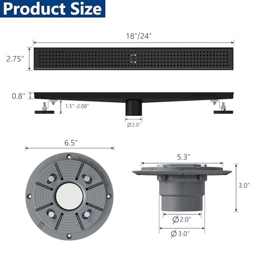 Neodrain 24" Matte Black Linear Shower Drain with Quadrato Pattern Grate | 304 Stainless Steel Linear Drain,Rectangle Shower Floor Drain with Hair Strainer, shower drain base ,Fits Bathroom, Balcony - color: Matte Black, size: 24 In