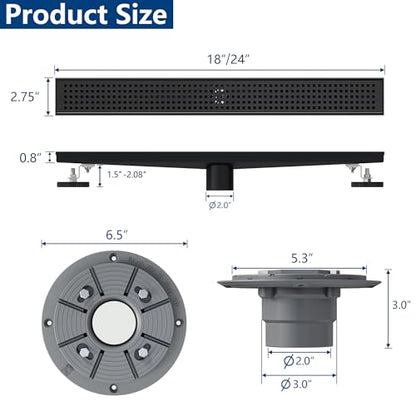 Neodrain 24" Matte Black Linear Shower Drain with Quadrato Pattern Grate | 304 Stainless Steel Linear Drain,Rectangle Shower Floor Drain with Hair Strainer, shower drain base ,Fits Bathroom, Balcony - color: Matte Black, size: 24 In