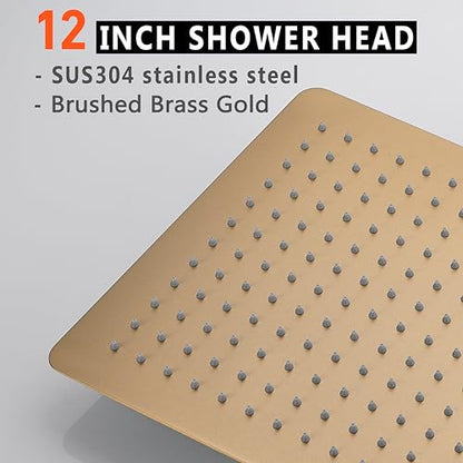 Rainfall Shower Head, BSTIIU 12 Inch Square Shaped Rain Shower Head, Ultra Thin Stainless Steel Ceiling or Wall Mounted Showerheads, Brushed Brass Gold - color: Brushed Brass Gold, size: 12-Inches, style: Square