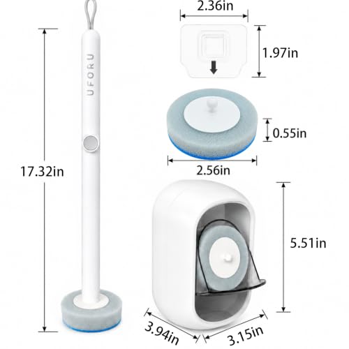 UFORU Disposable Toilet Brush and Holder Set, Toilet Wand Kit, 42 Refills | Preloaded Foaming Heads, Hands-Free Release, Flexible Under-Rim Reach, Auto-Open Caddy, Wall-Mount Storage, Bathroom & RV Use