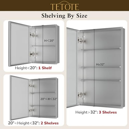 TETOTE 60 x 32 Medicine Cabinet with Tempered Beveled Mirror Silver Aluminum Cabinet DTC Hinges, Stepless Adjustable Shelves, Recessed/Surface-Mounted - color: Silver, size: 32"L x 60"W