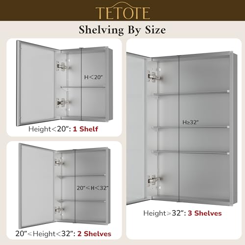 TETOTE 64 x 32 Medicine Cabinet with Tempered Beveled Mirror Silver Aluminum Cabinet DTC Hinges, Stepless Adjustable Shelves, Recessed/Surface-Mounted - color: Silver, size: 32"L x 64"W