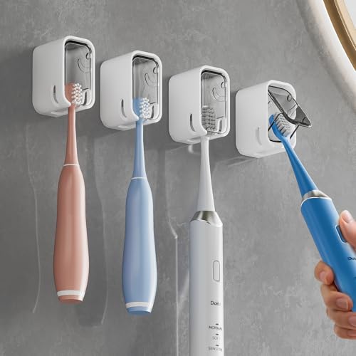 MOPMS Single Slot Toothbrush Holders Wall Mounted with Cover for Bathrooms | 4PCS Toothbrush Cover for Shower, Single Toothbrush Dispenser Storage Organizer for Family & Travel - color: Grey-4pcs