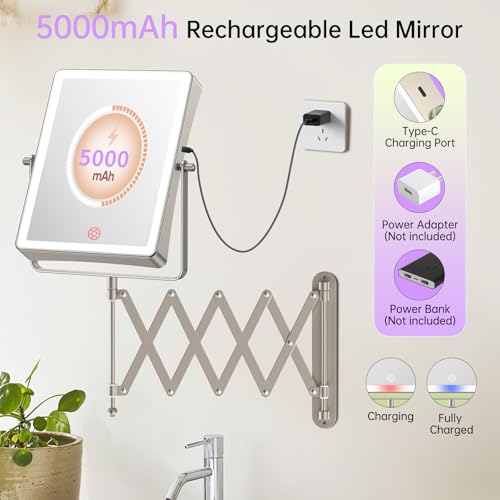 FASCINATE 8.7" 5000mAh Rechargeable Wall Mounted Makeup Mirror (Nickel) | Double Sided Touch Switch 1X 30X Magnifying Bathroom Mirror, 3 Color Lights, Extended Arm 360°Rotation - color: Nickel B