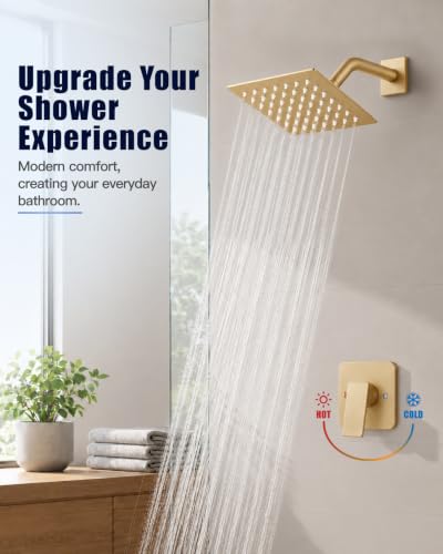 Heyalan 6 Inch Square Rain Shower Faucet Set with Valve, Brushed Gold | Female-thread 1/2-inch NPT connections, SUS304 shower head, brass rough-in valve, single-handle control Shower Set - color: Gold, size: 6 Inch Square Shower Head