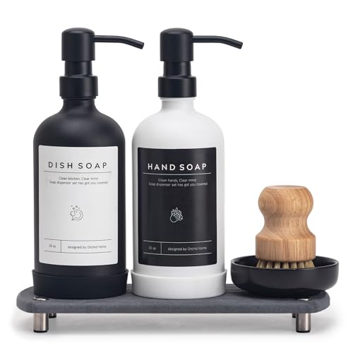 [Luxury] Kitchen Soap Dispenser Set - 16OZ Glass Bottle, Stainless Steel Pump, Instant Dry Tray, Waterproof Labels, Non-Slip Silicone Pad, and Dish Brush | Upgrade for Your Kitchen and Bathroom - color: White/Black Bottle + Black Pump