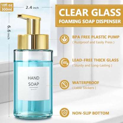 RYTOXILO Foaming Soap Dispenser, 10 oz/300ml Gold Soap Dispenser, 2 Pack Glass Foaming Hand Dispenser for Bathroom & Kitchen, Refillable Foam Bottle with Waterproof Labels - color: Clear Bottle, size: 10 Fl oz with Gold Pump