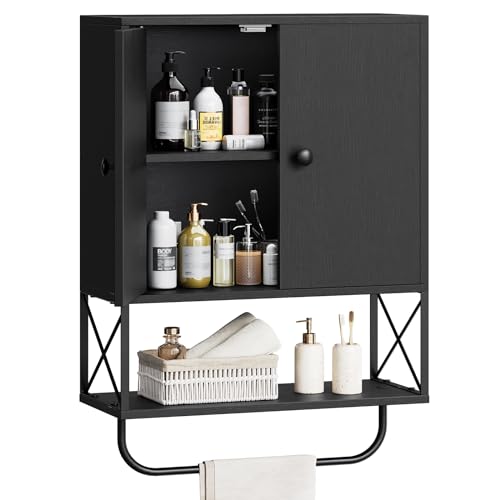 MAHANCRIS Bathroom Wall Cabinet with 2 Door and Adjustable Shelf, Farmhouse Medicine Cabinet with Towel Rack, 3-Tier Wall Mounted Storage Cabinet Over The Toilet for Bathroom, 18.9" L, Black - color: Black, size: 18.9"l X 7.9"w X 26.1"h