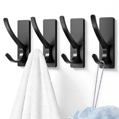 Self Adhesive Towel Hooks: Extra Strong 13LB, Stainless Hook for Hanging Loofah, Towels, Coat, Bath Robe Bathroom Shower, Black, 4 Pack - color: Black, size: 4 Pack