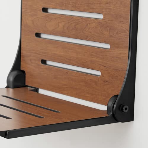 Seachrome Silhouette Folding Wall Mount Shower Bench Seat, Rustic Teak Seat with Matte Black Frame (SHAF-185155-PRTS-S-MB) - color: Rustic Teak Seat With Matte Black Frame