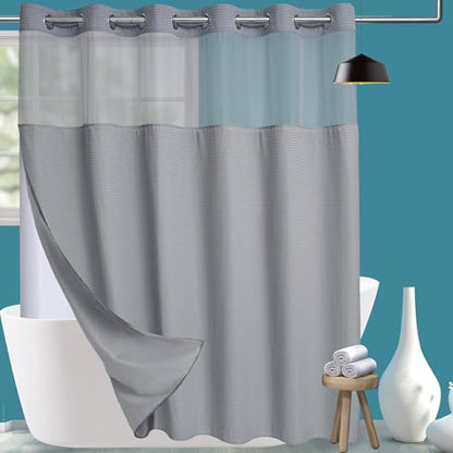 Conbo Mio Extra Wide No Hook Waffle Weave Shower Curtain with Snap in Liner Set, 108" x 74" Hotel Luxury Grey Shower Curtains for Bathroom with See Through Top Window, Waterproof, Washable 108W x 74H - color: Waffle-grey, size: 108"W x 74"L (Pack of 1)