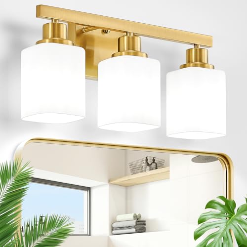 Bathroom Vanity Light,3-Light Gold Modern Bathroom Light Fixtures with Square Frosted Glass,Gold Wall Lamp Sconces for Mirror Bedroom,Living Room Hallway, E26 - color: Gold, size: 3-Light