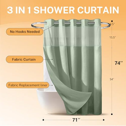 River Dream No Hooks Shower Curtain with 2 Snap in Liner, Green, 71Wx74H | Waffle Weave, 1 Attached Snap in Liner and 1 Extra Replacement Liner, Bathroom Curtains Shower Set, Hotel Grade, Spa Like - color: Green