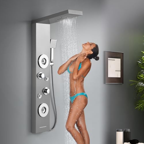 ROVATE 5 in 1 Rainfall Shower Panel Tower with Tub Spout, Brushed Finish | Stainless Steel Shower Column with 2-Setting Body Massage Jets, Flexible Handheld and Waterfall Tub Spout - color: Brushed Finish