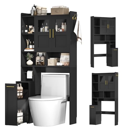 ELYKEN Over The Toilet Storage Cabinet with Pulley Bathroom Storage Cabinet, Home Space-Saving Over Toilet Rack with Glass Doors & Adjustable Open Shelf for Bathroom, Restroom, Laundry,Black - color: Black