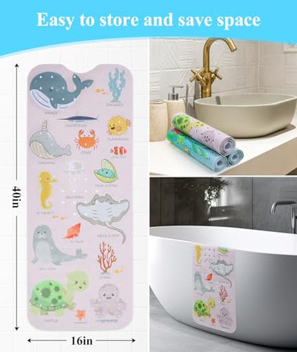 Secopad Bathtub Mat Non Slip, Cute Tub Mat, 40" x 16", Pink Sea Animals | Rectangular, Anti-Slip, Machine Washable, with Drain Holes and Suction Cups,For Bathtub and Shower Floor, for Toddler & Kids - color: Pink Sea Animals