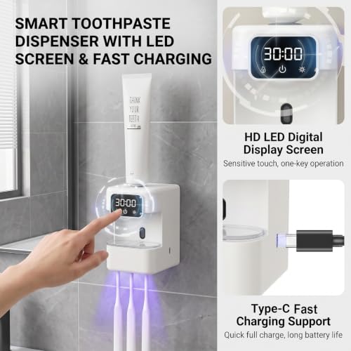 Wall-Mounted Automatic Toothpaste Dispenser, Toothbrush Cleaner with Sensor-Activated Design, Toothbrush Holder with Removable Slots & Smart Display, Toothpaste Dispenser for Kids & Adult (White2.0) - color: White2.0