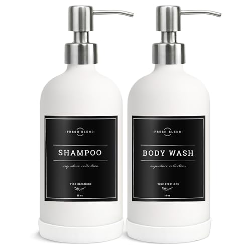 Vine Creations White Glass Soap Dispenser, 2 Pack Kitchen Soap Dispenser Set with Stainless Steel Pump, 16 oz Dish Soap and Hand Soap Dispensers for Bathroom with Waterproof Labels - color: Matte White Bottle / Silver Pump