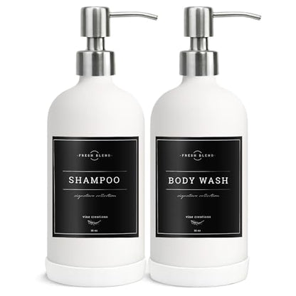 Vine Creations White Glass Soap Dispenser, 2 Pack Kitchen Soap Dispenser Set with Stainless Steel Pump, 16 oz Dish Soap and Hand Soap Dispensers for Bathroom with Waterproof Labels - color: Matte White Bottle / Silver Pump