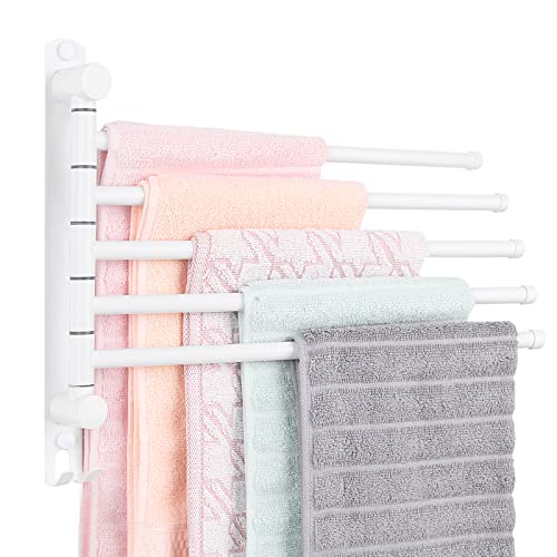 5-Arm Swivel Towel Rack - 180° Rotating Wall Mounted, 304 Stainless Steel Rustproof, Heavy Duty Bathroom Accessories, Space Saving Towel Organizer for Bathroom Kitchen Laundry - Pearl White - color: White, size: 5 Arms