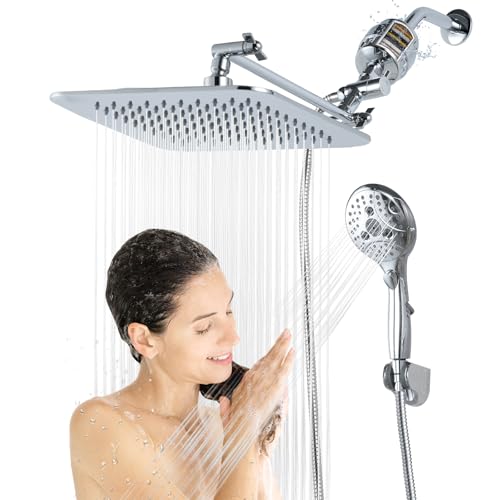 10'' Dual 20 Stage Filtered Shower Head with Handheld, 6 Spray Settings Handheld Shower Head High Pressure Rainfall Filter Combo with 12'' Adjustable Extension Arm, 71'' Shower Hose (Chrome Polished) - color: Chrome Polished, size: 10 Inch