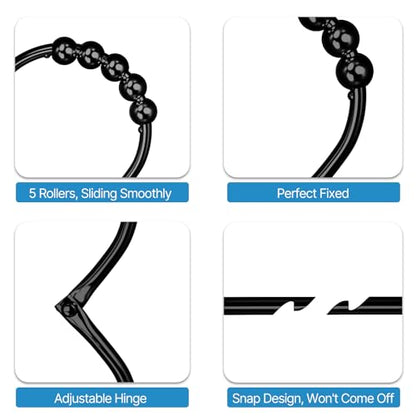 MENGJINGO 12PCS Wide Shower Curtain Hooks Rings, Rust Proof Stainless Steel | Heavy Duty Shower Hooks Rings for Bathroom Shower Rods Curtains Liners, Easy Glide Rollers, Set of 12, Black - color: Black