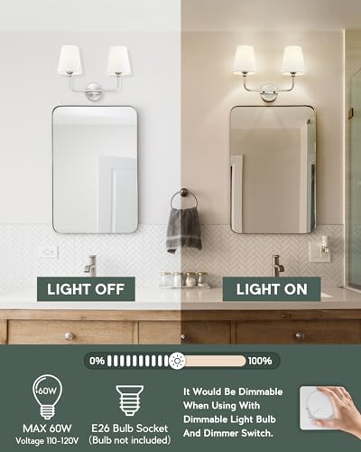 2-Light Brushed Nickel Bathroom Vanity Light, White Fabric Shades | 17" double wall sconce, upward only, E26 base, hardwired, bulbs not included, VL837-BN-2 - color: Brushed Nickel, size: 2-light