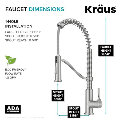 KRAUS Torak Pull Down Kitchen Faucet in Spot-Free Stainless Steel with Commercial Style Spring Spout, 2 Function Sprayer, Pre-Attached Water Lines, and Mounting Hardware, KPF-2635SFS - color: Spot Free Stainless Steel, style: Commercial Faucet