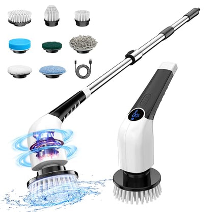 Keimi Electric Spin Scrubber, 2025 New Cordless Shower Cleaning Brush with 8 Replaceable Brush Heads, 3 Adjustable Speeds, and Adjustable Extension Handle for Bathroom Floor Tile