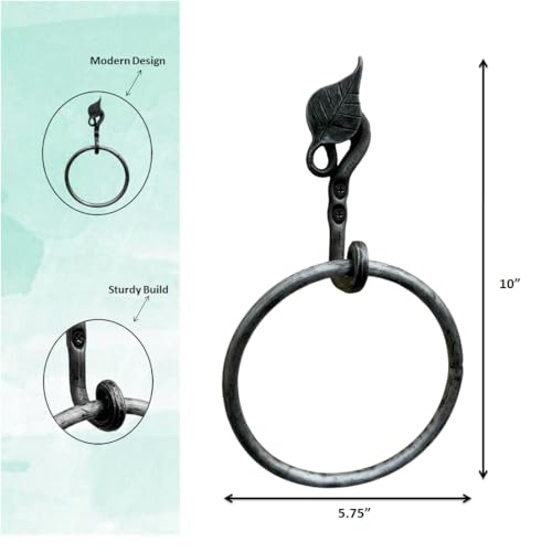 Living Ideas Hand Forged Metal Leaf Wall Mounted Hand Towel Holder Modern Farmhouse Kitchen or Bathroom Heavy Duty Towel Ring Holder Black Antique Finish Wrought Iron