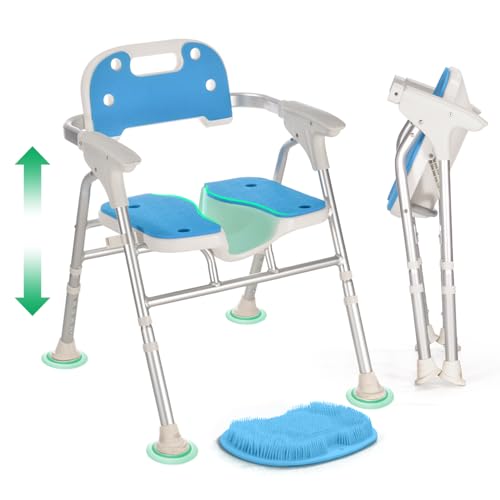 Heavy Duty Foldable Shower Chair for Elderly and Disabled, 500 LB Capacity | Adjustable Bath Seat for Inside Shower with Arms and Back, Extra Wide Shower Stool with Suction Feet