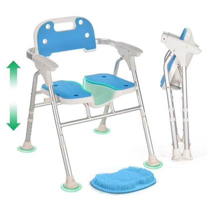Heavy Duty Foldable Shower Chair for Elderly and Disabled, 500 LB Capacity | Adjustable Bath Seat for Inside Shower with Arms and Back, Extra Wide Shower Stool with Suction Feet