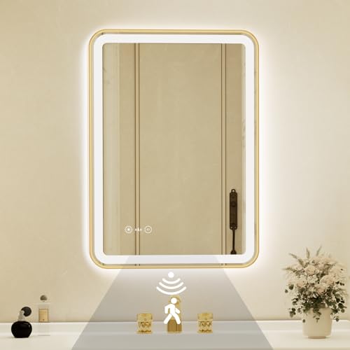 20x28 Inch Gold Framed LED Bathroom Mirror with Lights,Smart Bathroom Mirror,Motion Sensor,Anti-Fog,Stepless Dimmable & 3 Colors,Memory,Vanity Mirror for Wall - color: Gold-with Sensor Lights, size: 28"L x 20"W