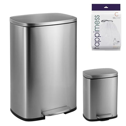 happimess Connor 2-Piece Stainless Steel Trash Can, Platinum Silver | 13.2 and 1.3 Gallons, Rectangular, Soft-Close Lid, Fingerprint Resistant, Step Pedal, 20 Liners, 26" and 12" Height - color: Stainless Steel