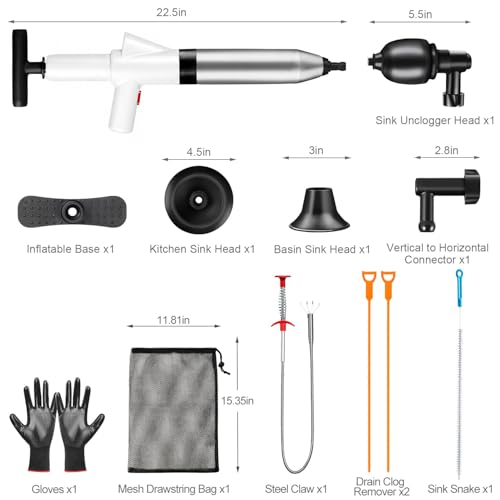 Fast Toilet Plunger High Pressure with Storage Bag, Heavy Duty Air Drain Blaster & Unclogger Tool, Clog Remover Kit & Toilet Snake Alternative for Bathroom, Toilets, Sinks, Tubs, Pipes (White) - size: Toilet plunger-White
