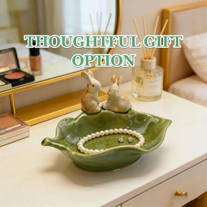 VIKKSAER Cute Ceramic Rabbit Soap Dish, Decorative Bunny Holder for Sponges & Jewelry, Green – Ideal for Bathroom, Kitchen, or Countertop Organization