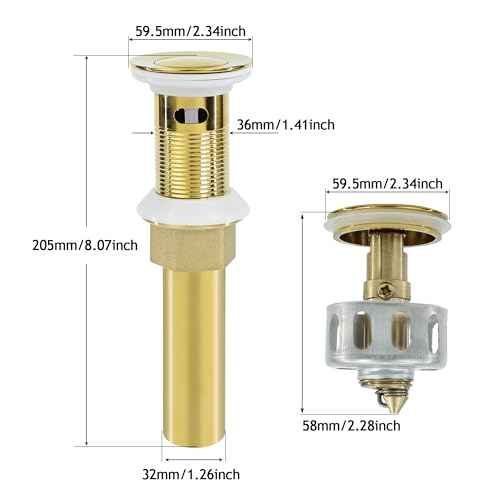 Bathroom Sink Drain,Drain Stopper Gold Stainless Steel Bathroom Sink with Overflow,Small Cap Pop Up Drain Assembly with Detachable Strainer Basket,Built-in Anti-Clogging - color: Gold-small Cap, style: With Overflow