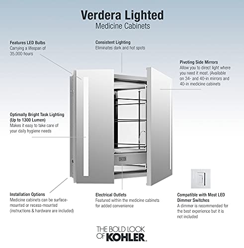 Kohler 99009-TLC-NA Verdera, Medicine Cabinet Mirror with Lights, Recessed or Surface Mount Bathroom, 34 in. W x 30 in. H - size: 34" W x 30"H, style: Lighted
